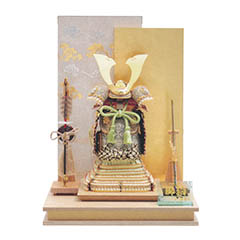 五月人形: 久月作 獅狛之奉納鎧 平飾り 正絹 萌黄匂縅 波瑞雲衝立屏風 甲冑師 鈴木利光 【D-11】