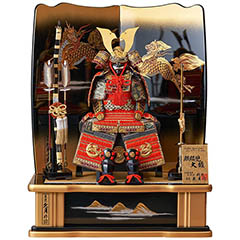 五月人形: 久月作 麒麟児大鎧 高床台飾り 正絹 朱糸縅 麒麟児二曲屏風 甲冑師 鈴木利光