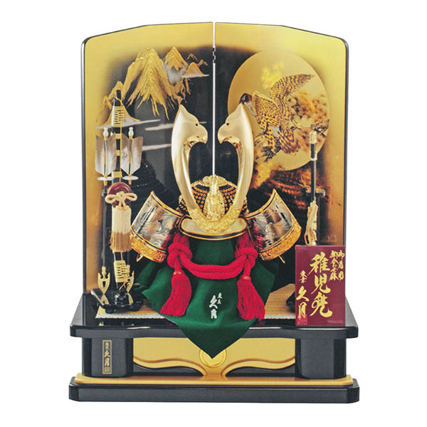 久月 着用兜 高床台飾り 黒糸縅 駿河古典蒔絵 丸鷹二曲屏風 【D-51】