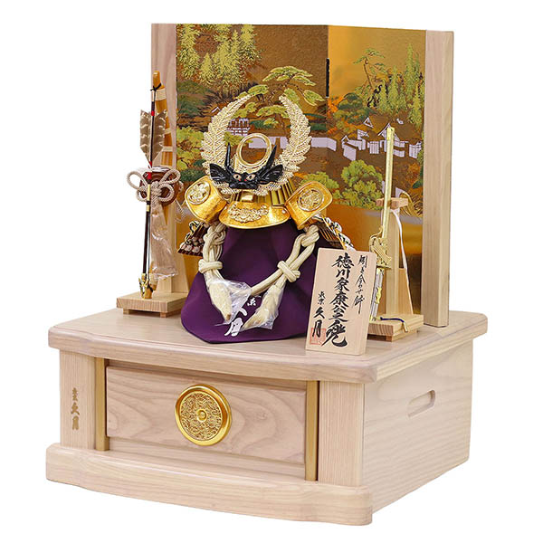 久月　 五月人形　久月 戦国武将 兜 収納飾り 正絹 白糸縅 徳川家康公 駿河古典蒔絵 白木 木目　詳細画像