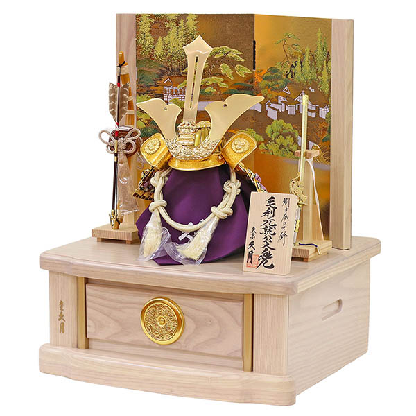 久月　 五月人形　久月 戦国武将 兜 収納飾り 正絹 色々縅 毛利元就公 駿河古典蒔絵 白木 木目　詳細画像