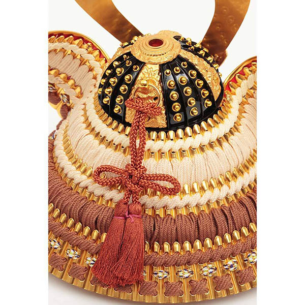 久月　 五月人形　銘木 栃 兜 二引 収納飾り 正絹 茶糸裾後縅 白木 木目　詳細画像