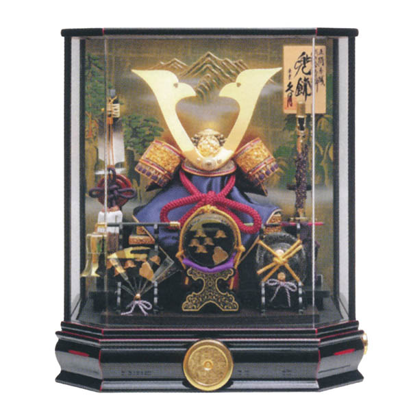 久月 兜 六角 曙塗り研ぎ出し アクリルケース 取付ケース入り 【D-102】