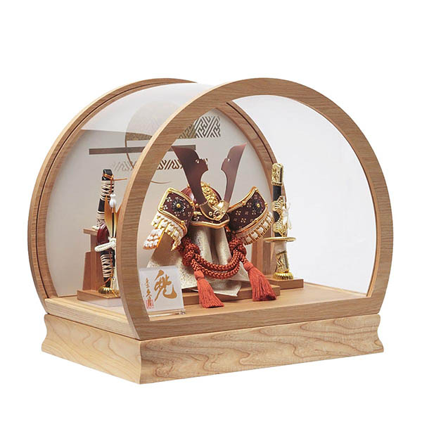 久月　 五月人形　久月 白糸縅 兜 円形 丸型 白木 木目 アクリルケース 取付ケース入り　詳細画像