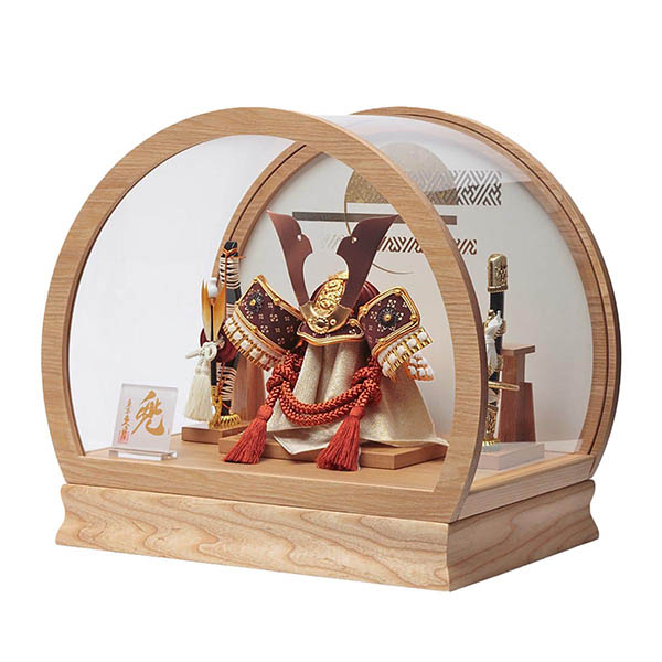 久月　 五月人形　久月 白糸縅 兜 円形 丸型 白木 木目 アクリルケース 取付ケース入り　詳細画像