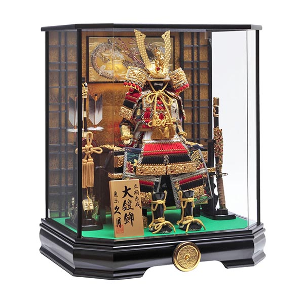 久月　 五月人形　久月 鎧 正絹 色々縅 六角 前面アクリルケース 取付ケース入り　詳細画像