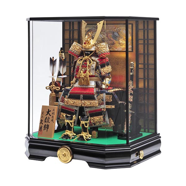 久月　 五月人形　久月 鎧 正絹 色々縅 六角 前面アクリルケース 取付ケース入り　詳細画像