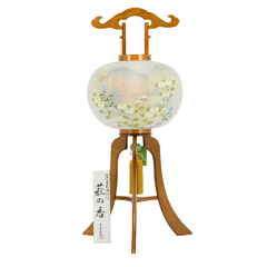 盆提灯: 萩の香 絹二重 絵入 電気コード式 木製