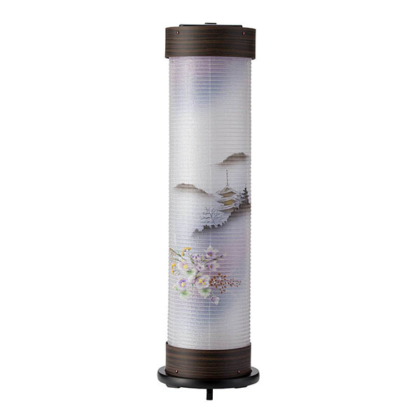 黒檀調 伸縮提灯 絹二重 桔梗に塔 硬質ボール材 ワンタッチ伸縮 硬質ボール材 電気コード式(LED