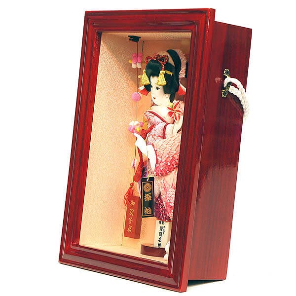 美光　 羽子板　壁掛け 額飾り 京彩 花振袖 つるし付き 赤 スタンド付　詳細画像