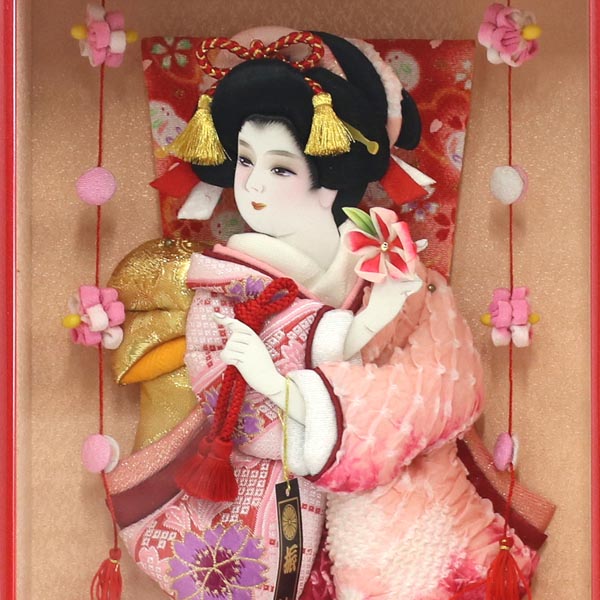 美光 羽子板　壁掛け 額飾り 京彩 赤塗り つるし飾り付き　詳細画像