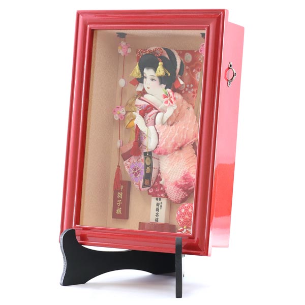 美光 羽子板　壁掛け 額飾り 京彩 赤塗り つるし飾り付き スタンドセット　詳細画像