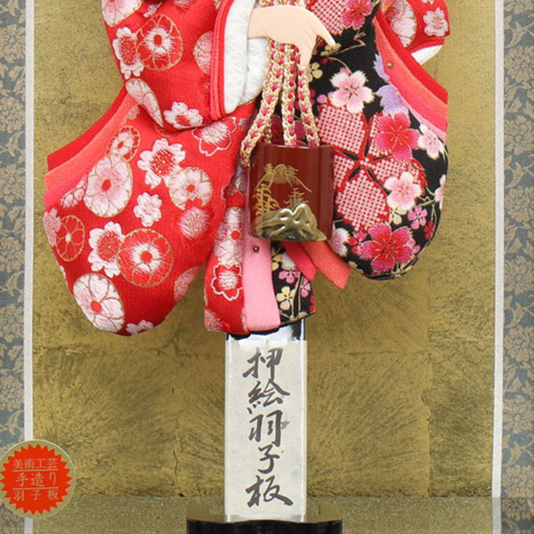 フジキ　 羽子板　姫振袖 汐汲 黒塗り 面取りガラスケース　詳細画像