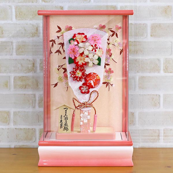 久月　 羽子板　つまみ細工 桃赤 20227-1 パール白/ピンク塗り アクリルケース　詳細画像