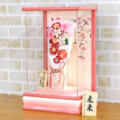 羽子板: つまみ細工 桃赤 20227-1 パール白/ピンク塗り アクリルケース