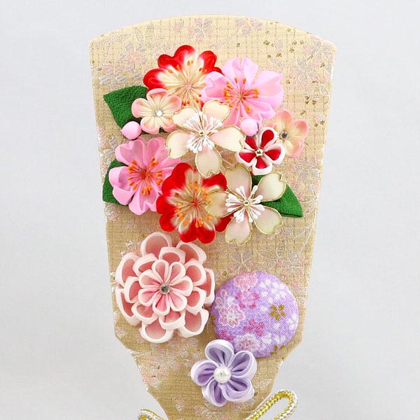 久月　 羽子板　つまみ細工 金紫 20127-1 パール白/ピンク塗り アクリルケース　詳細画像