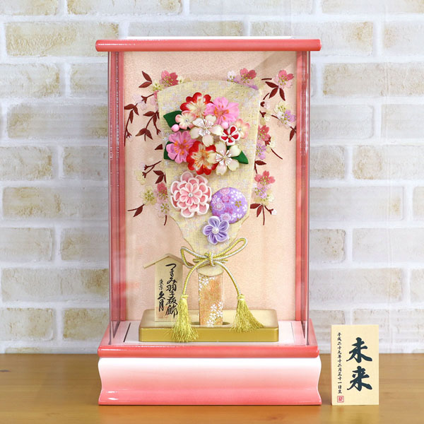 久月　 羽子板　つまみ細工 金紫 20127-1 パール白/ピンク塗り アクリルケース　詳細画像