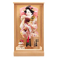 羽子板: 金駒刺繍振袖 銘木胡桃ケース飾り 【73KEH-01】