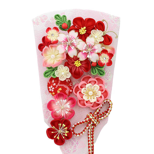 久月　 羽子板　つまみ細工 羽子板 桃赤花 パールピンク塗り 鞠三連つるし付き 円形 丸型アクリルケース　詳細画像