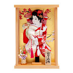 羽子板: 壁掛け 額飾り 梅光 刺繍振袖 檜 アクリルケース 【74KEH-09】