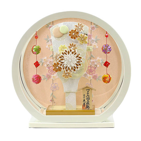 つまみ細工 髪飾り付き 羽子板 茶 白塗り 鞠二連つるし付き 円形 丸型アクリルケース