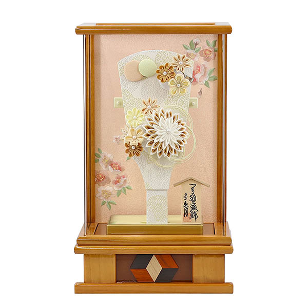 つまみ細工 髪飾り付き 羽子板 茶 杏 木目 アクリルケース