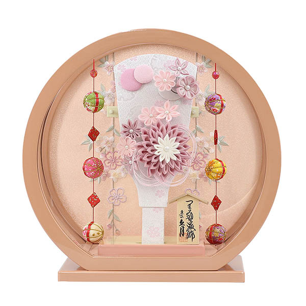 つまみ細工 髪飾り付き 羽子板 桃 パールピンク塗り 鞠三連つるし付き 円形 丸型アクリルケース