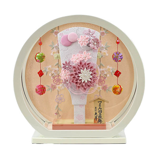 つまみ細工 髪飾り付き 羽子板 桃 白塗り 鞠二連つるし付き 円形 丸型アクリルケース