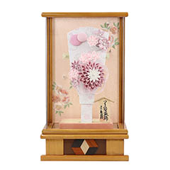 羽子板: つまみ細工 髪飾り付き 羽子板 桃 杏 木目 アクリルケース