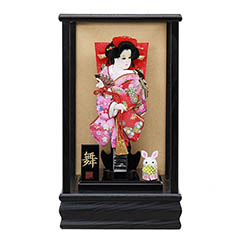 羽子板: 姫振袖 道成寺 舞 黒木目 ガラスケース飾り