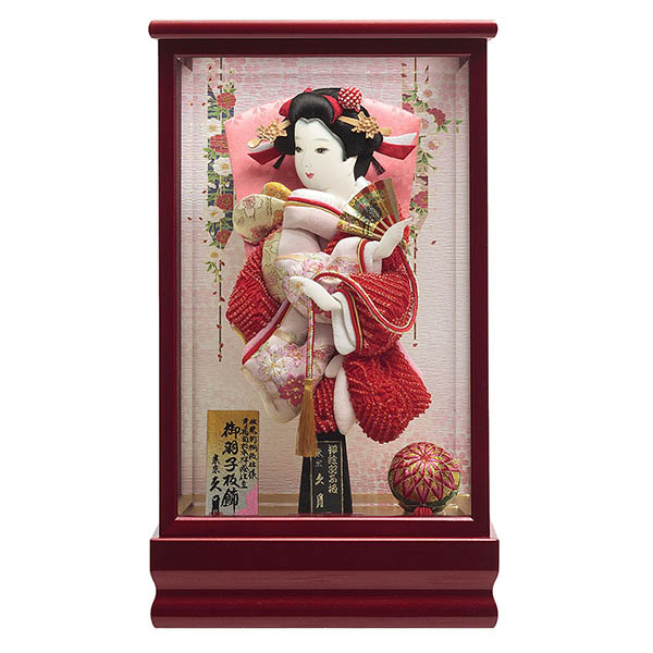 総柄鹿の子振袖 赤塗 面取りガラスケース飾り