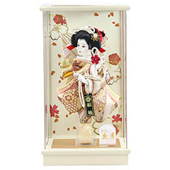 羽子板: 金襴振袖 アイボリー塗り アクリルケース飾り