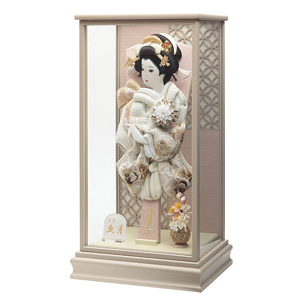 久月　 羽子板　刺繍振袖 ベージュ塗 ガラスケース飾り　詳細画像