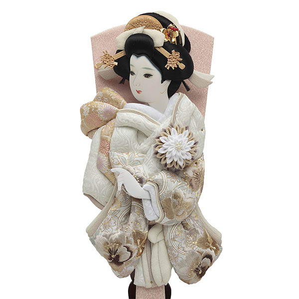 久月　 羽子板　刺繍振袖 ベージュ塗 ガラスケース飾り　詳細画像