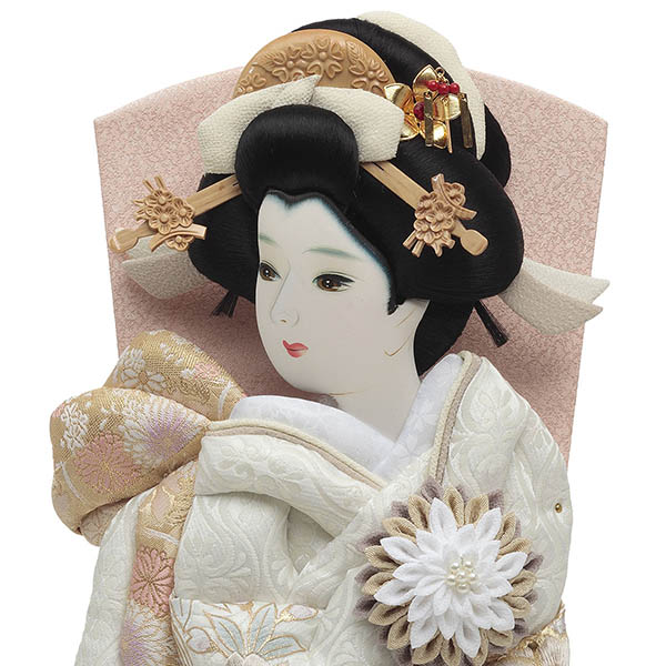 久月　 羽子板　刺繍振袖 ベージュ塗 ガラスケース飾り　詳細画像