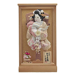 羽子板: 陽奈 モカ桜刺繍 茶白 銘木 胡桃 ガラスケース飾り