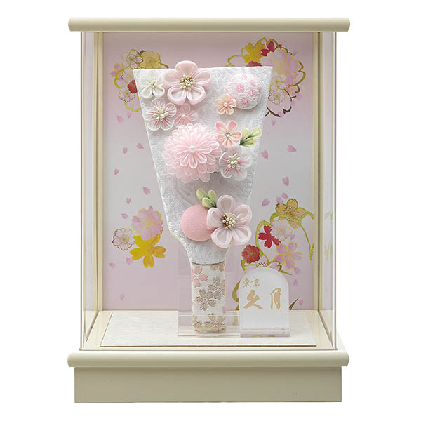 つまみ細工 桃 アイボリー塗 アクリルケース飾り 髪飾り付き