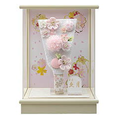 羽子板: つまみ細工 桃 アイボリー塗 アクリルケース飾り 髪飾り付き