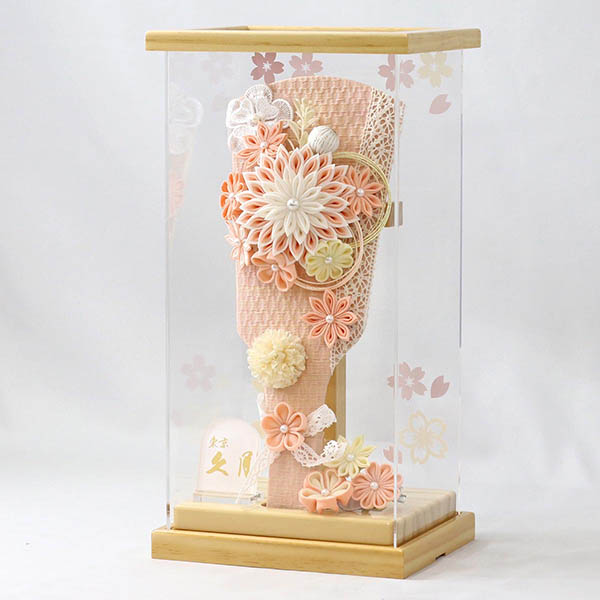 久月　 羽子板　つまみ細工 サーモン アクリルケース飾り 髪飾り付き　詳細画像