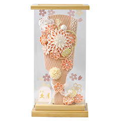 羽子板: つまみ細工 サーモン アクリルケース飾り 髪飾り付き