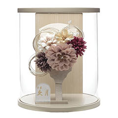 羽子板: 洋花 ワイン 髪飾り グレージュ塗り 円柱 アクリルケース飾り