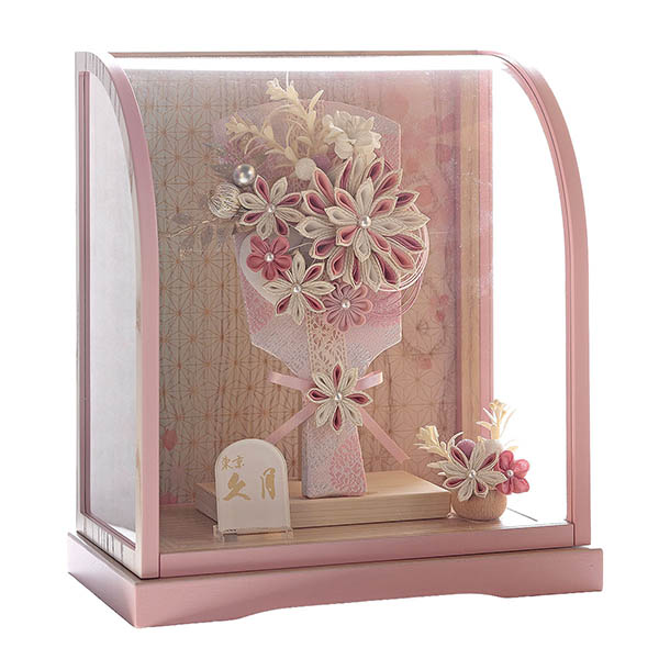 久月　 羽子板　つまみ細工 白桃 髪飾り ピンク塗 木目 アクリルケース飾り　詳細画像