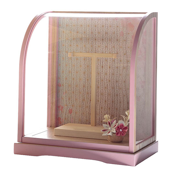 久月　 羽子板　つまみ細工 白桃 髪飾り ピンク塗 木目 アクリルケース飾り　詳細画像