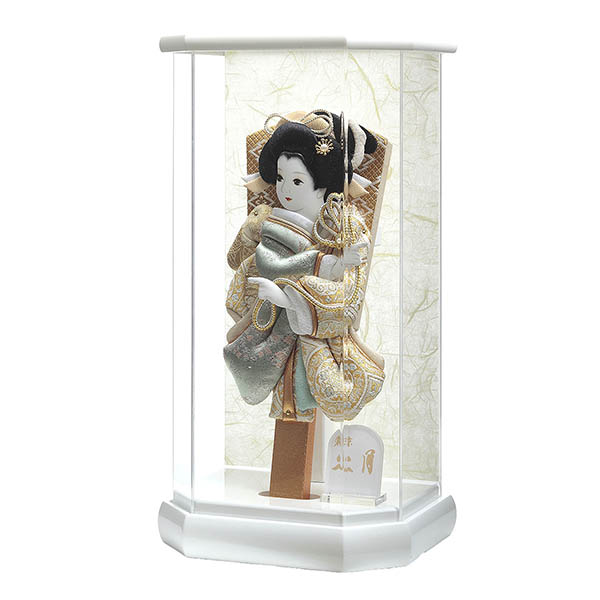 久月　 羽子板　金襴振袖 白塗り六角 アクリルケース飾り　詳細画像