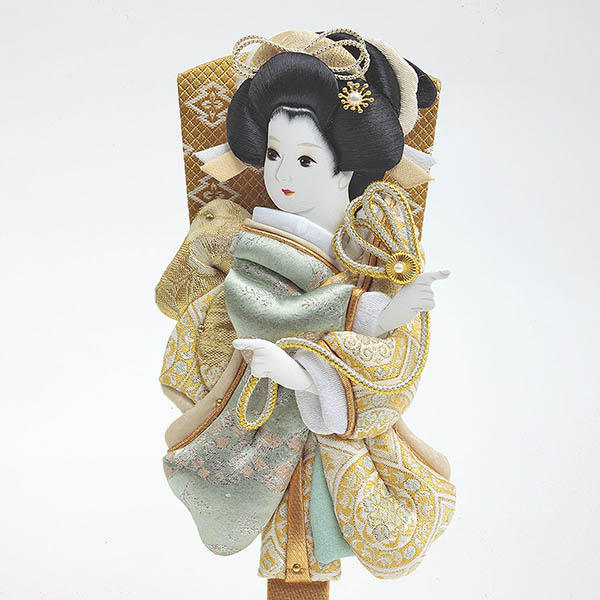 久月　 羽子板　金襴振袖 白塗り六角 アクリルケース飾り　詳細画像