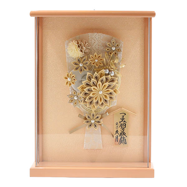 つまみ細工 髪飾り 羽子板 モカ 壁掛け 額飾り パールピンク塗り アクリルケース