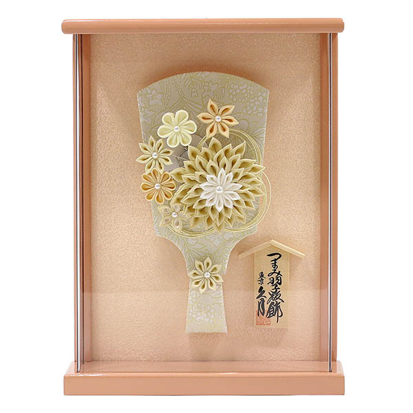 つまみ細工 髪飾り 羽子板 アイボリー 壁掛け 額飾り パールピンク塗り アクリルケース