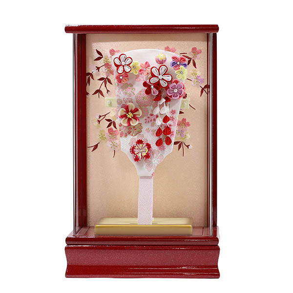 つまみ細工 羽子板 赤 赤パール塗り アクリルケース飾り