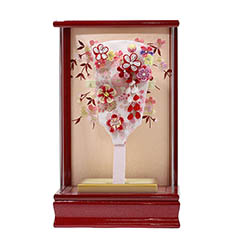 羽子板: つまみ細工 羽子板 赤 赤パール塗り アクリルケース飾り