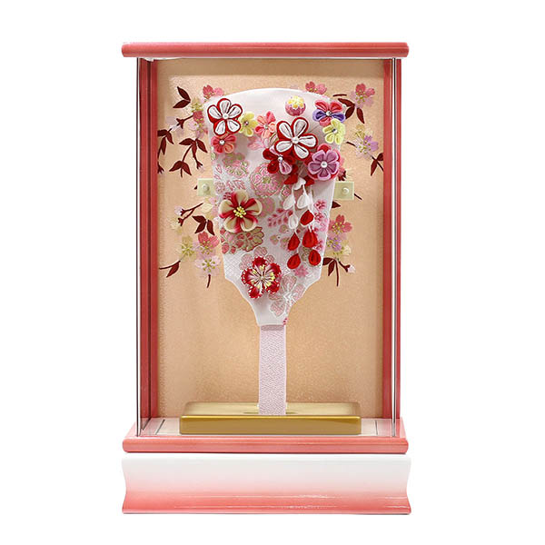 つまみ細工 羽子板 赤 パール白/ピンク塗り アクリルケース飾り